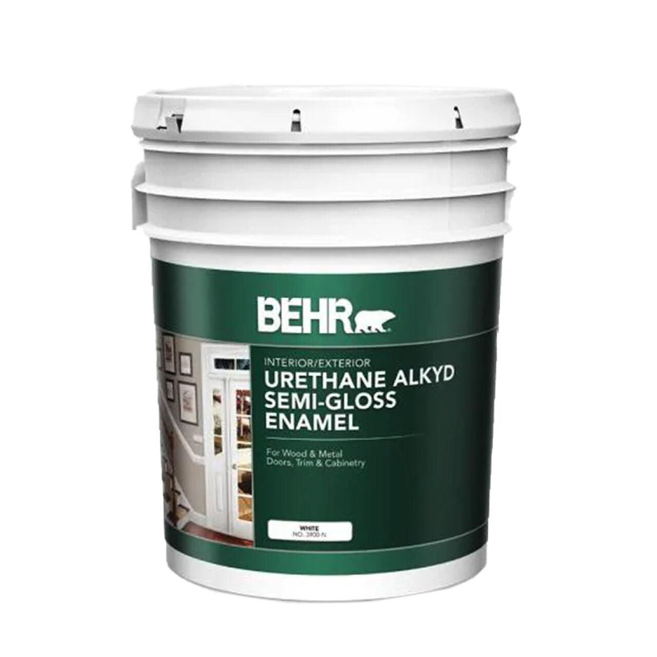 A large white 5-gal. plastic bucket of Go Build Urethane Alkyd Semi-Gloss Enamel Interior/Exterior Paint—White, for wood and metal, with a green label featuring a painted doorway and mildew-resistant finish. Brand: The Fastest Way To Build.
